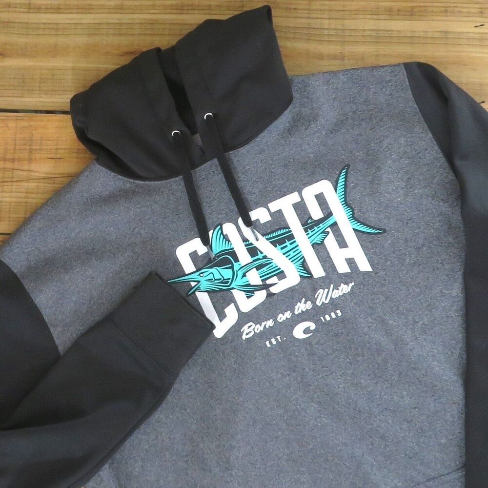 Men's Costa Del Mar Black and Gray Fishing Hoodie Kangaroo Pocket Size Large